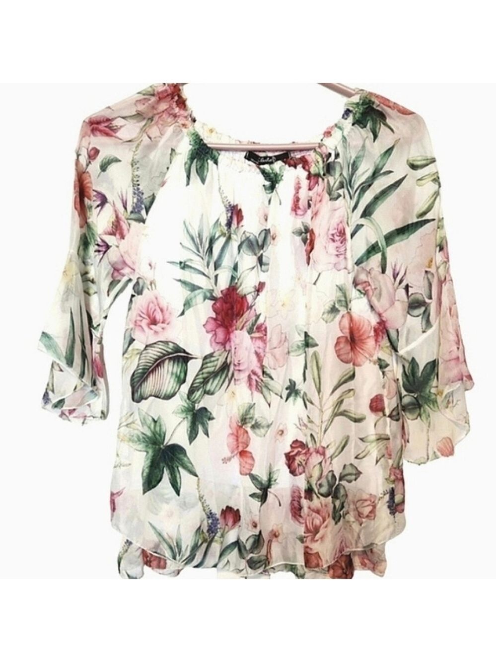 Charlie B Floral Silk Blend Blouse Tiered Ruffle Hemline Flutter Sleeves Small
